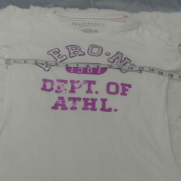 Aeropostale White Crew Neck Cap Sleeve Top with Purple/Silver lettering M - Picture 4 of 9